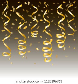 gold streamers. serpentine Christmas party elements. New Year golden curly ribbons, Birthday celebration set of isolated decoration