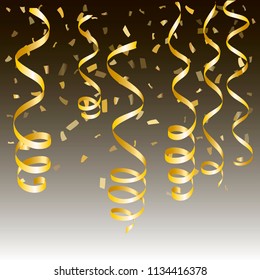 gold streamers. serpentine Christmas party elements. New Year golden curly ribbons, Birthday celebration set of isolated decoration