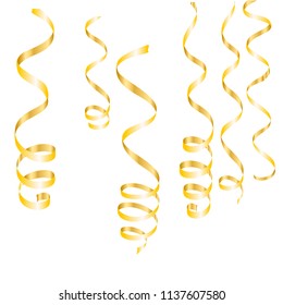 gold streamers. serpentine Christmas party elements. New Year golden curly ribbons, Birthday celebration set of isolated decoration