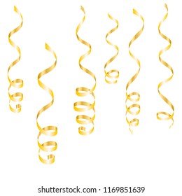 gold streamers. serpentine Christmas party elements. New Year golden curly ribbons, Birthday celebration set of isolated decoration