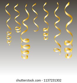 gold streamers. serpentine New Year party elements. Christmas golden curly ribbons, Birthday celebration set of isolated decoration