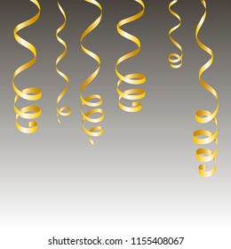 gold streamers. serpentine New Year party elements. Christmas golden curly ribbons, Birthday celebration set of isolated decoration