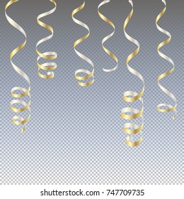 gold streamers. serpentine New Year party elements. Christmas golden curly ribbons, Birthday celebration set of isolated decoration