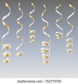 gold streamers. serpentine New Year party elements. Christmas golden curly ribbons, Birthday celebration set of isolated decoration