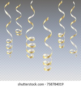 gold streamers. serpentine New Year party elements. Christmas golden curly ribbons, Birthday celebration set of isolated decoration