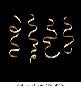 Gold streamers set. Golden serpentine ribbons, isolated on black background. Decoration for party, birthday celebrate or Christmas carnival, New Year gift. Festival decor. Vector