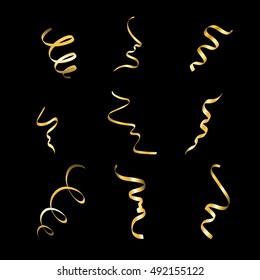 Gold streamers set. Golden serpentine confetti ribbons, isolated on black background. Decoration for party, birthday celebrate, Christmas carnival, New Year gift. Festival decor. Vector illustration
