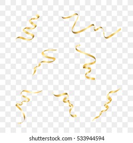 Gold streamers set. Golden serpentine ribbons, isolated on transparent background. Decoration for party, birthday celebrate or Christmas carnival, New Year gift. Festival decor. Vector illustration