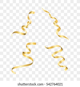 Gold streamers set. Golden serpentine ribbons, isolated on transparent background. Decoration for party, birthday celebrate or Christmas carnival, New Year gift. Festival decor. Vector illustration