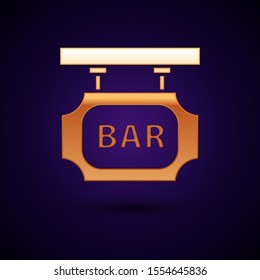 Gold Street signboard with inscription Bar icon isolated on dark blue background. Suitable for advertisements bar, cafe, pub, restaurant.  Vector Illustration