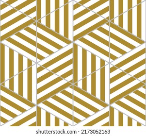 Patrón de repetición de cubos 3d rayados de oro dentro de triángulos y hexagones y contra un fondo blanco, ilustración de vector geométrico