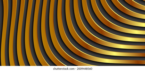 Fondo de rayas doradas con interesante patrón ondulado de rayas doradas 3D, ilustración vectorial.