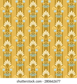 Gold striped seamless pattern with cornflowers. Seamless, striped gold decorative background with colored flowers. For printing and textile prints. 