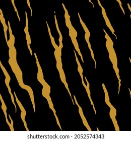 Gold Stripy Tiger fur seamless pattern on black background. Hand drawn spots vector illustration of animal skin