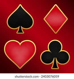 Gold Stroke Card Suits Set for Poker and Casino on dark red background vector illustration