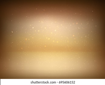 Gold studio background with spotlight gradient and glitter sparks for premium, luxury product shooting. Vector yellow golden light room with empty floor backdrop