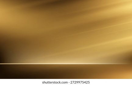 Gold studio room background with Gold glowing movement and high-speed light effect. Space for selling products, backdrop, wallpaper, background, text. Empty Room Studio with table. Vector illustration.