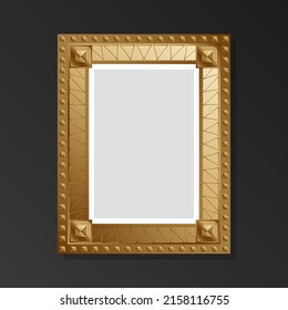 Gold style empty retro picture frame on black background. Flat style. Vector illustration