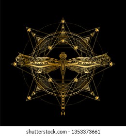 Gold stylised mandala with decoration dragonfly on the black background. To be use for tattoo art and print t shirt. Geometric pattern. Symbol of meditation and yoga. elegant card.