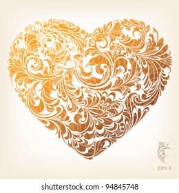 Gold stylish heart with floral ornament, vector illustration