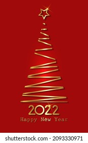 Gold stylized Christmas tree, 2022 New Year, golden luxury logo icon festive, vector isolated on red background
