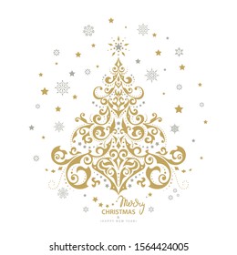 Gold stylized Cristmas Tree greeting card with gold and gray stars and snowflakes on white background.