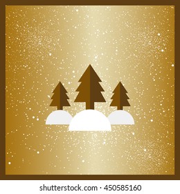 Gold stylized flat Christmas trees on gold background. Ribbons decoration. Vector background.
