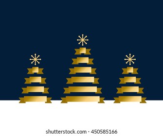 Gold stylized flat Christmas trees on dark blue background. Ribbons decoration. Vector background.