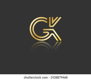 Letras estilizadas doradas en minúsculas G y K con reflexión conectada por una sola línea para logotipo, monograma y diseño creativo. Ilustración vectorial aislada en negro.