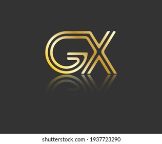 Gold stylized lowercase letters G and X with reflection connected by a single line for logo, monogram and creative design. Vector illustration isolated on black.