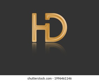 Gold stylized lowercase letters H and D with reflection connected by a single line for logo, monogram and creative design. Vector illustration isolated on black.