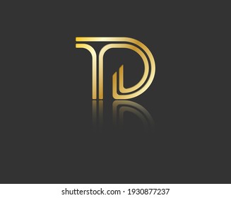 Letras estilizadas de oro en minúsculas T y D con reflexión conectada por una sola línea para logotipo, monograma y diseño creativo. Ilustración vectorial aislada en negro.
