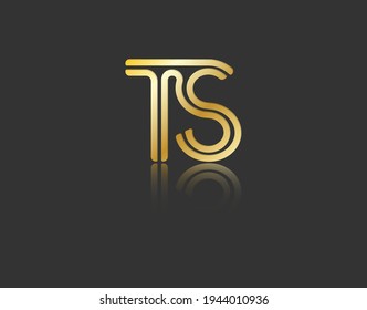 Gold stylized lowercase letters T and S with reflection connected by a single line for logo, monogram and creative design. Vector illustration isolated on black.