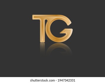 Gold stylized lowercase letters T and G with reflection connected by a single line for logo, monogram and creative design. Vector illustration isolated on black.