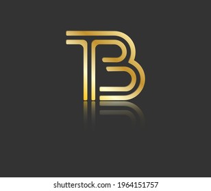 Letras estilizadas de oro en minúsculas T y B con reflexión conectada por una sola línea para el logotipo, monograma y diseño creativo. Ilustración vectorial aislada en negro.