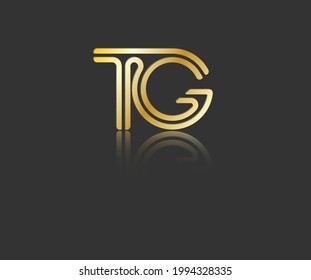 Gold stylized lowercase letters T and G with reflection connected by a single line for logo, monogram and creative design. Vector illustration isolated on black.