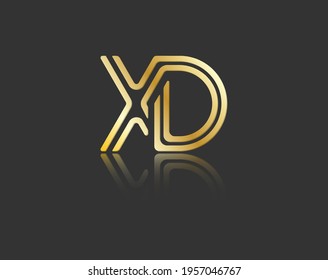 Gold stylized lowercase letters X and D with reflection connected by a single line for logo, monogram and creative design. Vector illustration isolated on black.