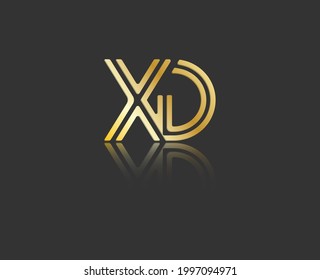 Gold stylized lowercase letters X and D with reflection connected by a single line for logo, monogram and creative design. Vector illustration isolated on black.