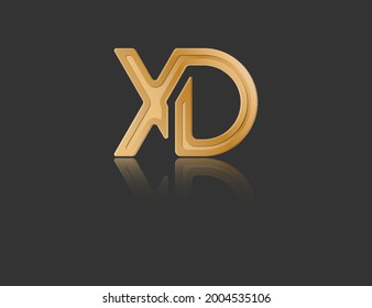 Gold stylized lowercase letters X and D with reflection connected by a single line for logo, monogram and creative design. Vector illustration isolated on black.