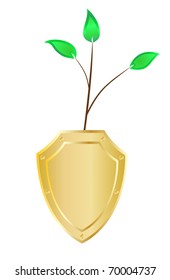 Gold stylized shield with the downstream escape of the young plants