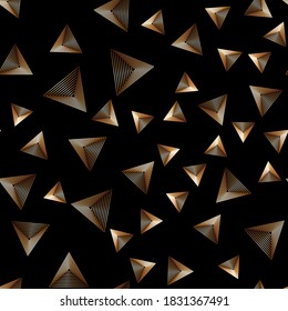 Gold stylized triangles on a black background. Seamless vector geometric pattern.