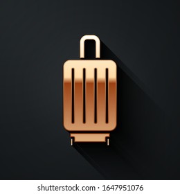 Gold Suitcase for travel icon isolated on black background. Traveling baggage sign. Travel luggage icon. Long shadow style. Vector Illustration