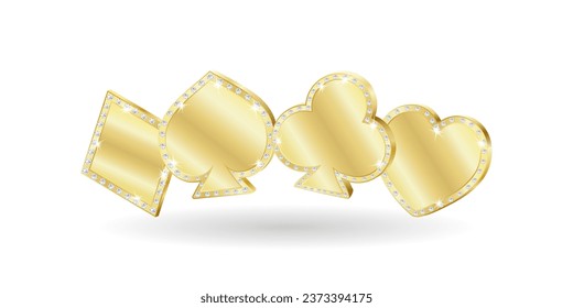 Trajes dorados de cartas de juego Aislados, decorados con diamantes. Corazones, Diamantes, Clubes, Espadas. Ilustración del vector