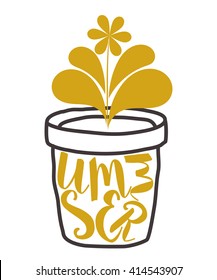 Gold SUMMER inscription with a flower in a pot. The concept of summer growth. Plant 
with golden letters. Hand lettering. Stock vector