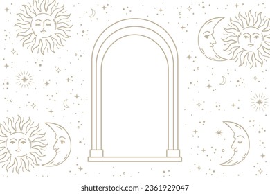 Gold sun and crescent moon with face background illustration. Vector hand drawn mystical element.	