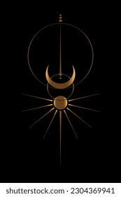 Gold Sun and crescent moon vintage line art clipart. Golden Wicca Outline logo. Mystical Sacred geometry, magic pagan Wiccan goddess and god symbol. Vector sign illustration isolated black background 