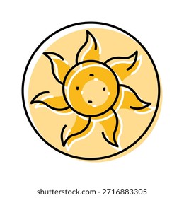 Emblema de sol dourado dentro de um círculo, símbolo de vetor estilo desenhos animados brilhantes de luz, energia e liberdade, simples, crachá brilhante evocando calor, esperança, alegria e charme mágico conto de fadas