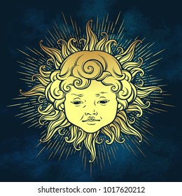 Gold sun with face of cute curly smiling baby boy over blue sky background. Hand drawn sticker, fabric print or boho flash tattoo design vector illustration.