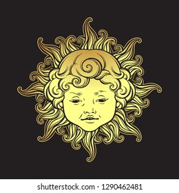 Gold sun with face of cute curly smiling baby boy isolated. Hand drawn sticker, fabric print or boho flash tattoo design vector illustration.