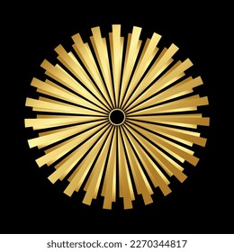Gold sun luxury logo icon. Abstract golden sunburst isolated on black background. Geometric shape, light rays, summer. Vector illustration